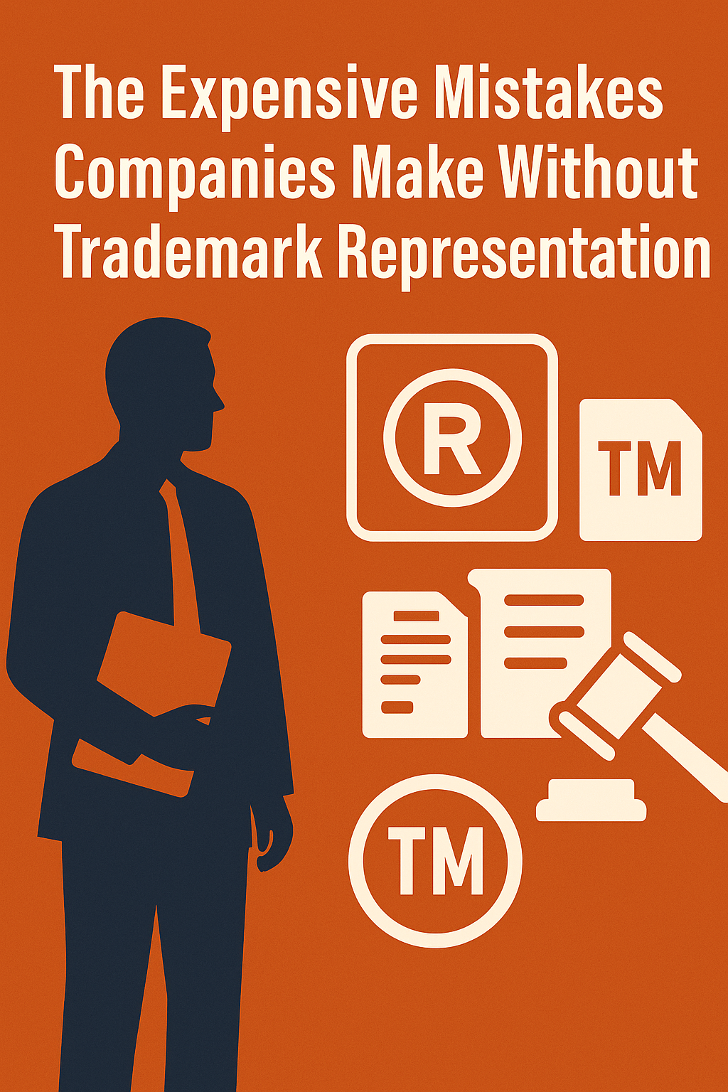 The Expensive Mistakes Companies Make Without Trademark Representation.” On the left, a silhouette of a businessman holding a folder is shown. To the right are trademark-related icons including the ® and ™ symbols, documents, and a judge’s gavel, representing brand protection and legal disputes.