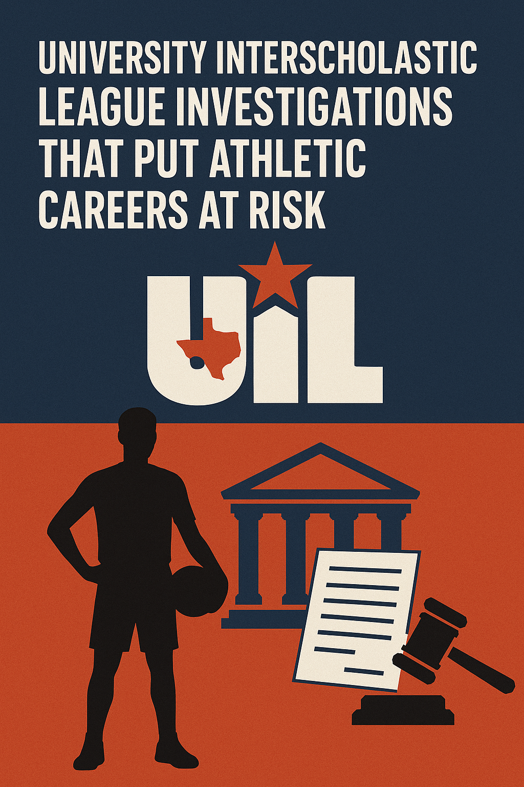 University Interscholastic League Investigations That Put Athletic Careers at Risk.” Below, the UIL logo with a Texas outline and star is shown. A silhouette of a student athlete holding a ball stands next to courthouse imagery, a legal document, and a judge’s gavel, symbolizing the intersection of athletics and legal oversight.
