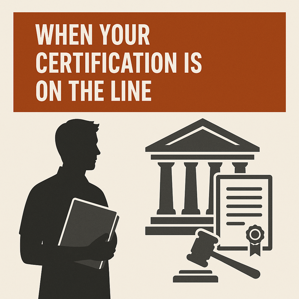 Graphic with bold white text on a dark orange banner reading “When Your Certification Is on the Line.” Below, a silhouette of a teacher holding a folder stands to the left, while to the right are legal and educational icons including a courthouse, a certificate with a ribbon seal, and a gavel, symbolizing certification reviews and legal proceedings in education.