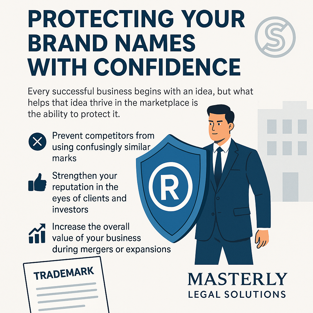 Protecting Your Brand Names with Confidence.' Illustration of a businessman in a navy suit holding a shield with the registered trademark ® symbol. Accompanying text highlights benefits of trademark protection: preventing confusingly similar marks, strengthening reputation, and increasing business value. Icons of a checkmark, thumbs up, and growth chart reinforce the points. The design uses a clean blue, white, and gray color palette with a trademark document illustration at the bottom.