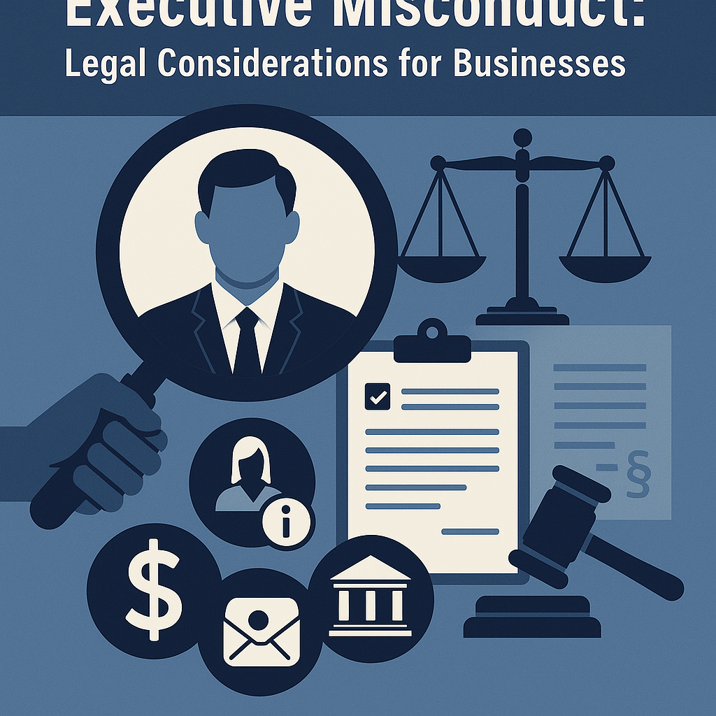 Professional 2D vector illustration showing a businessman under a magnifying glass, scales of justice, a legal document on a clipboard, and a gavel. Additional icons represent money, communication, and governance, symbolizing executive misconduct investigations and legal considerations for businesses.