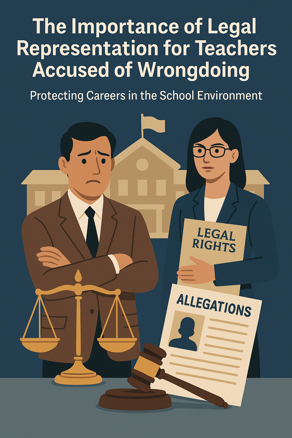 The lawyer also holds a document titled “ALLEGATIONS.” In front of them are golden scales of justice and a judge’s gavel, while a school building with a flag is visible in the background. At the top, bold text reads: “The Importance of Legal Representation for Teachers Accused of Wrongdoing – Protecting Careers in the School Environment.