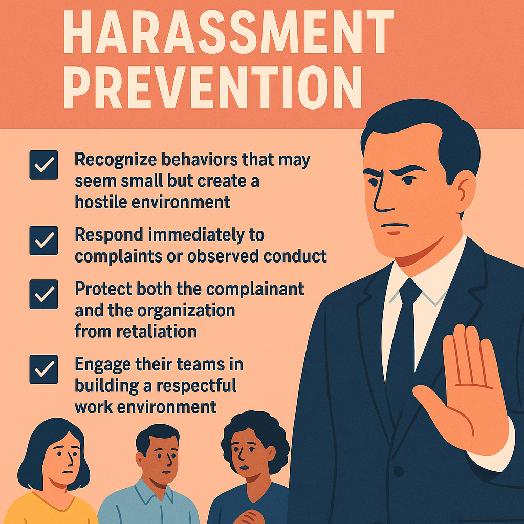 Harassment Prevention.” A serious manager in a suit raises his hand in a stop gesture, while three concerned employees stand nearby. Four key points are listed with checkmarks: recognize small behaviors that create a hostile environment, respond immediately to complaints, protect complainants and the organization from retaliation, and engage teams in building a respectful work environment. The design uses salmon and navy blue tones.