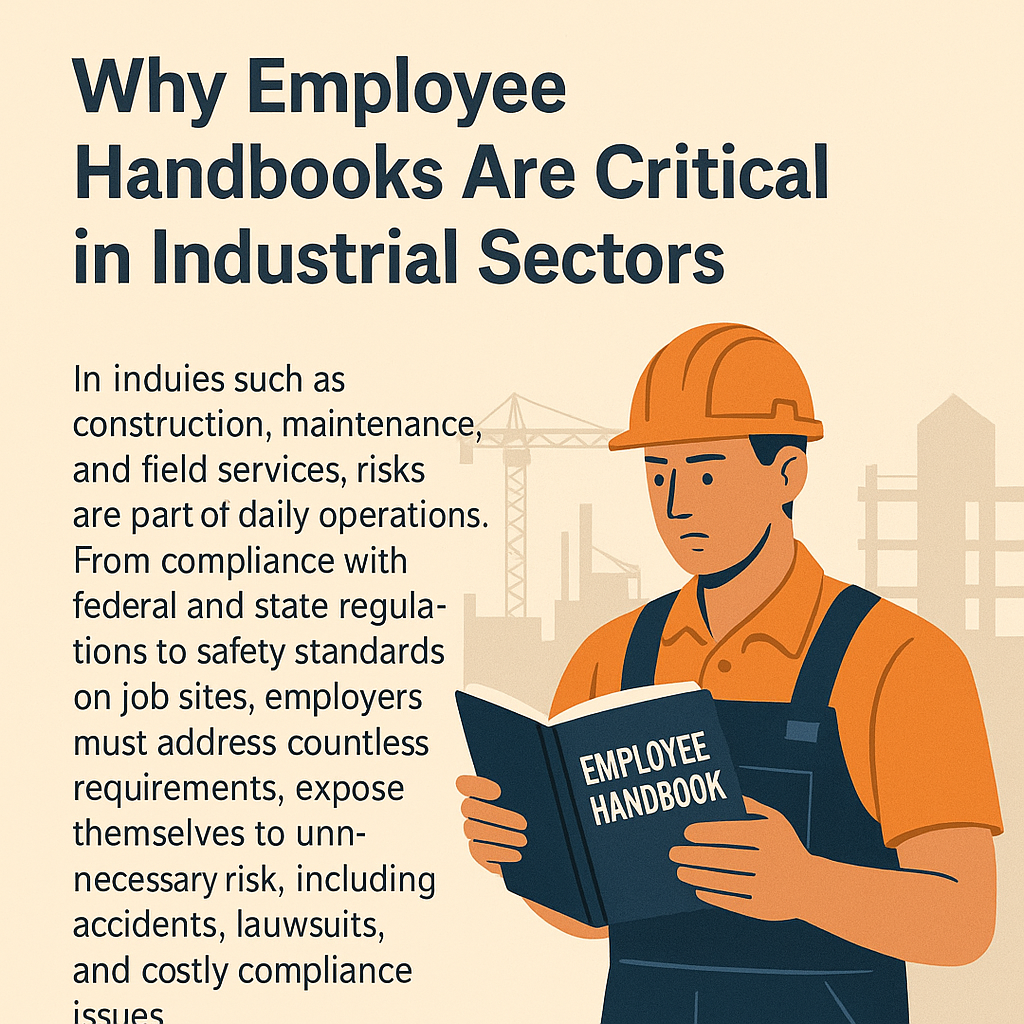 Employee Handbook” against a backdrop of industrial cranes and buildings. The text beside him emphasizes why employee handbooks are critical in industrial sectors, highlighting risks, compliance, safety standards, and legal protections.