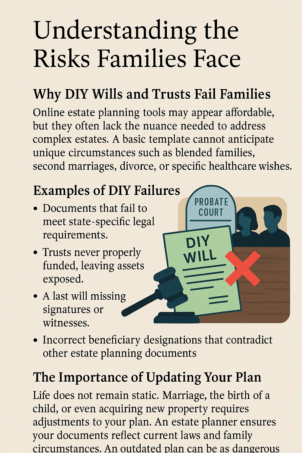 Understanding the Risks Families Face' about estate planning mistakes. Sections highlight why DIY wills and trusts fail, examples of DIY failures such as missing signatures and unfunded trusts, and the importance of updating estate plans. Includes visuals like a gavel, courthouse, and a document labeled 'DIY Will' with a red X.