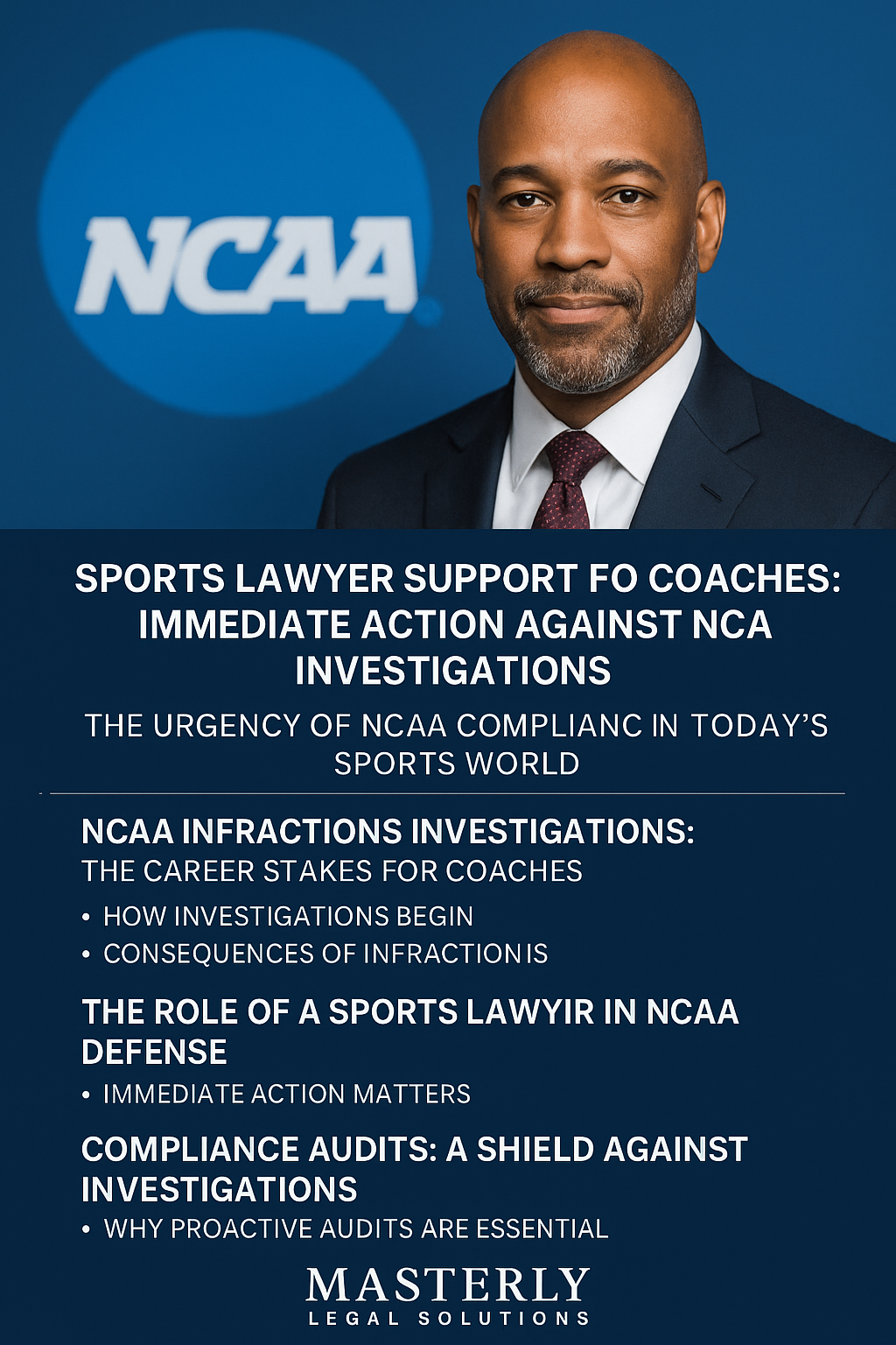 Promotional graphic for Masterly Legal Solutions featuring Andrew Rhoden, an African American sports lawyer in a suit and tie, posed in front of an NCAA logo. The text highlights immediate legal support for coaches facing NCAA investigations, emphasizing NCAA compliance, infractions consequences, the role of sports lawyers, and the importance of compliance audits.