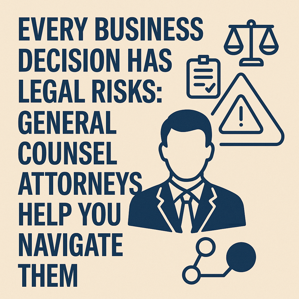 Every Business Decision Has Legal Risks: General Counsel Attorneys Help You Navigate Them.” To the right, icons include a male attorney in a suit, a legal scale, a clipboard with a checkmark, a caution triangle with an exclamation mark, and a network connection symbol.
