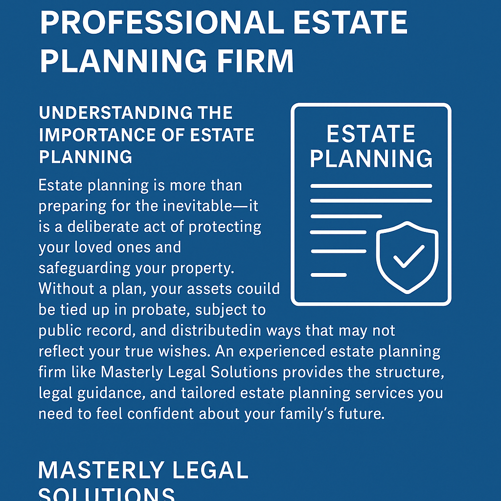Promotional digital graphic for Masterly Legal Solutions featuring the headline 'Professional Estate Planning Firm' with sections about the importance of estate planning. The design includes a blue background, white text, and an icon of a legal document with a shield symbol, emphasizing trust, protection, and professional guidance in estate planning.