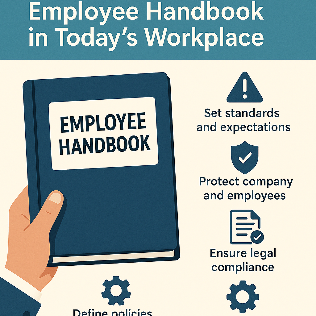 On the right, four icons with text highlight key benefits: set standards and expectations, protect company and employees, ensure legal compliance, and define policies. The design uses a clean teal-blue color scheme for a professional look.