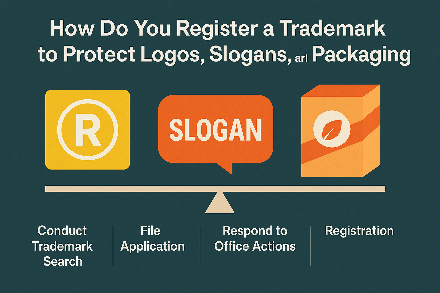 How Do You Register a Trademark to Protect Logos, Slogans, and Packaging” on a dark teal background. It shows three icons: a yellow circle with an “R” for logos, an orange speech bubble with the word “SLOGAN,” and an orange product box for packaging. Below, four steps are listed: Conduct Trademark Search, File Application, Respond to Office Actions, and Registration.