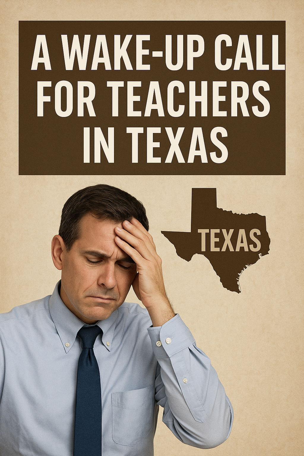 A Wake-Up Call for Teachers in Texas” in bold white letters on a brown background. Below the text, a worried male teacher in a blue shirt and tie holds his head in distress. To the right is a dark brown silhouette of the state of Texas with the word “TEXAS” written inside.