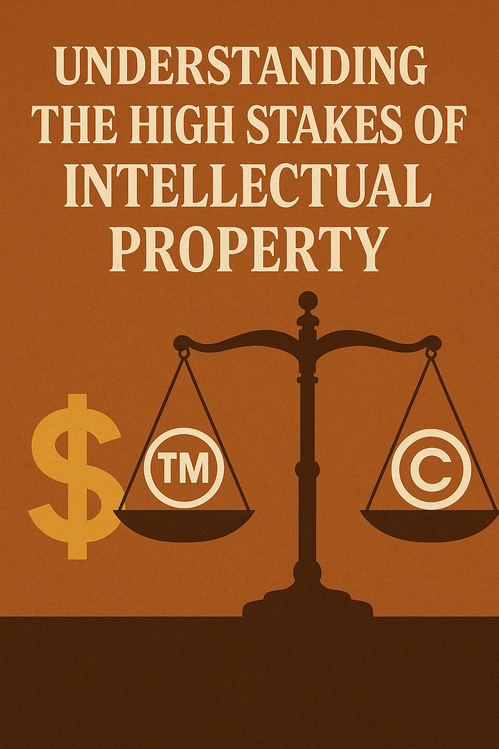 Understanding the High Stakes of Intellectual Property” above a balance scale with trademark and copyright symbols, alongside a golden dollar sign.