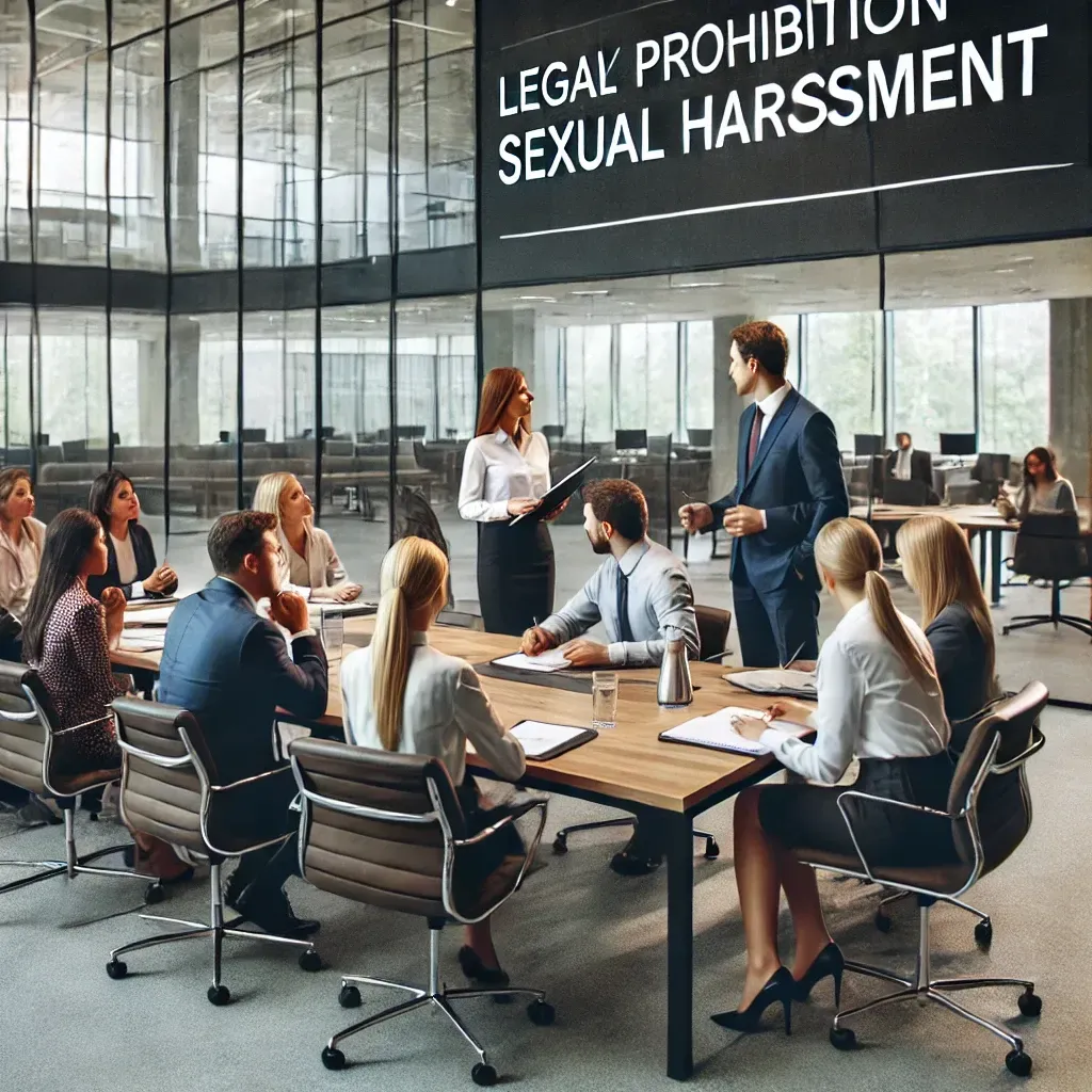 A company office with employees and supervisors attending sexual harassment prevention training.