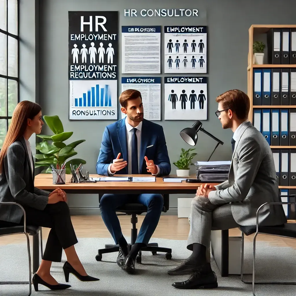 An HR consultant mediating a discussion between two employees in a professional office setting. Charts and employment regulations are visible on a board in the background, emphasizing the importance of conflict resolution and legal compliance. The scene reflects the role of HR consulting services in maintaining workplace harmony and addressing employee relations issues.