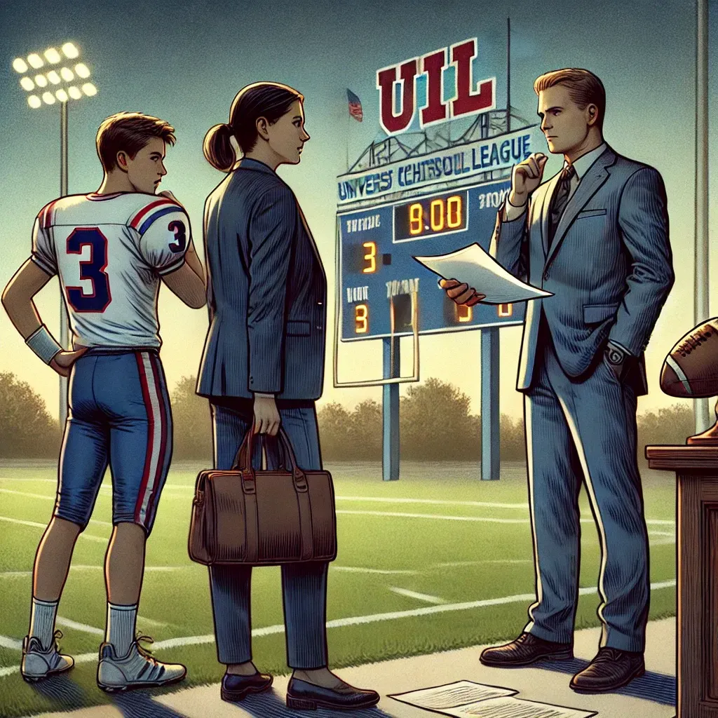 A scene at a high school sports field in Texas, featuring a coach, a student-athlete, and a concerned parent standing with a confident attorney in a suit, reviewing documents together. The atmosphere is serious and focused, with a subtle UIL logo visible on the scoreboard in the background.