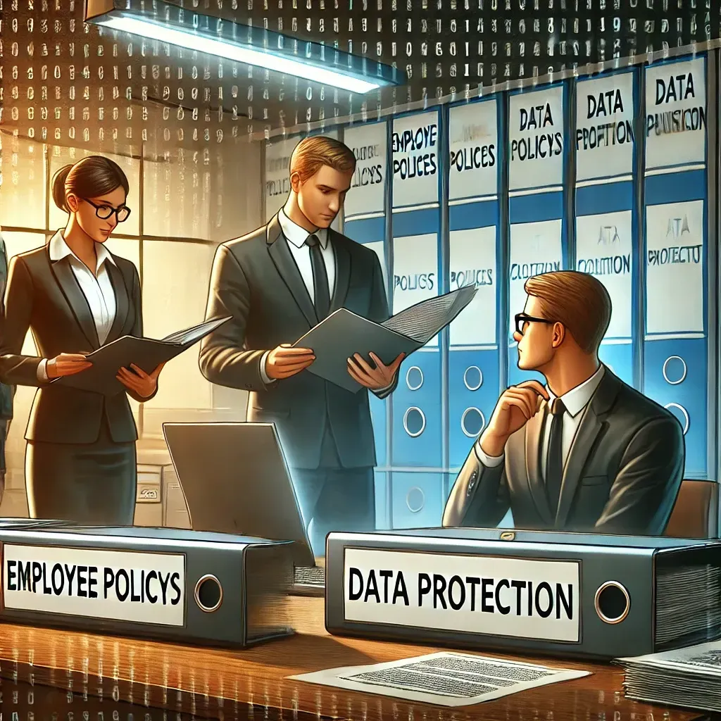 A corporate office where legal counsel is conducting a policy audit. One attorney discusses employee policy documents with a business manager, while another attorney examines data protection compliance files on a computer. The background features binders labeled 'Employee Policies' and 'Data Protection,' highlighting the professional and focused nature of policy audits to minimize legal risks.