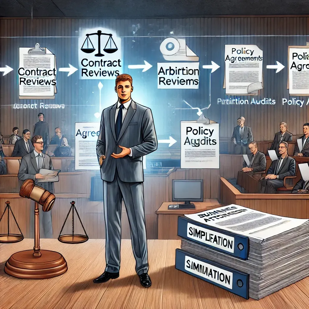 A courtroom scene where a business attorney confidently presents a case with well-organized legal documents, while opposing trial lawyers struggle with stacks of disorganized paperwork. A flowchart on a nearby easel outlines steps like 'Contract Reviews,' 'Arbitration Agreements,' and 'Policy Audits,' emphasizing how preventive legal measures streamline and simplify the litigation process.