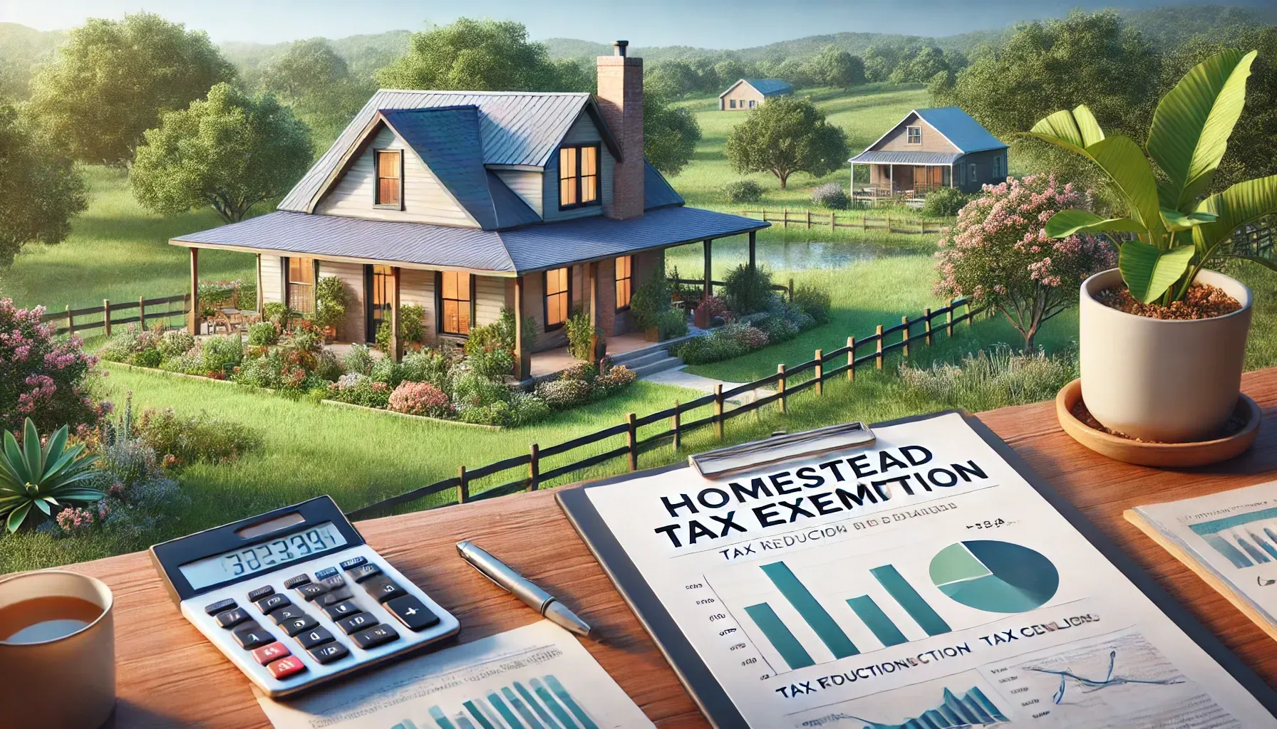 A Texas homestead surrounded by greenery with a house and yard. In the foreground, a document labeled