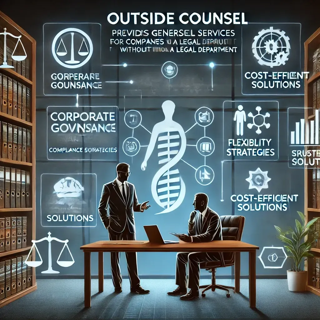 A business executive collaborates with a legal advisor in a professional office, with digital screens displaying corporate governance, compliance strategies, and cost-efficient solutions. Icons for flexibility, risk management, and strategic support highlight how outside counsel provides general counsel services for companies without an in-house legal team.