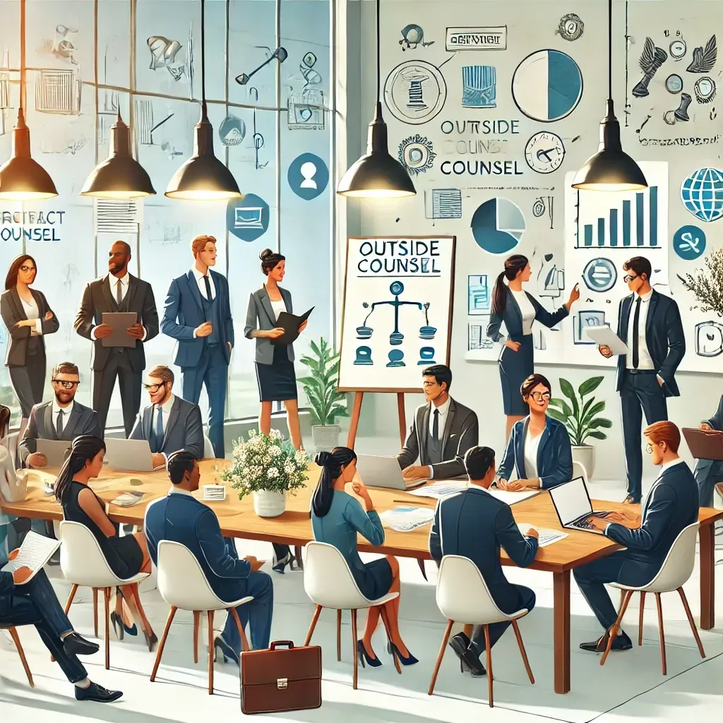 A diverse group of small business owners and startup founders collaborating with a professional legal team in a bright, modern conference room. The setting includes a whiteboard with diagrams, laptops, and legal documents on the table, representing services like contract negotiation, compliance, and strategic business planning. The atmosphere is inclusive, supportive, and focused on teamwork and professional guidance.