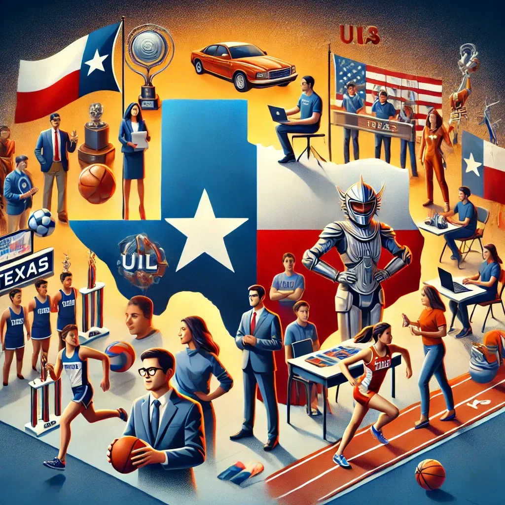 A vibrant image depicting a diverse group of students and coaches participating in University Interscholastic League (UIL) activities, including debate, math contests, track events, and dramatic arts. The background features Texas-themed elements such as a state flag and a school logo, symbolizing teamwork, competition, and academic excellence.