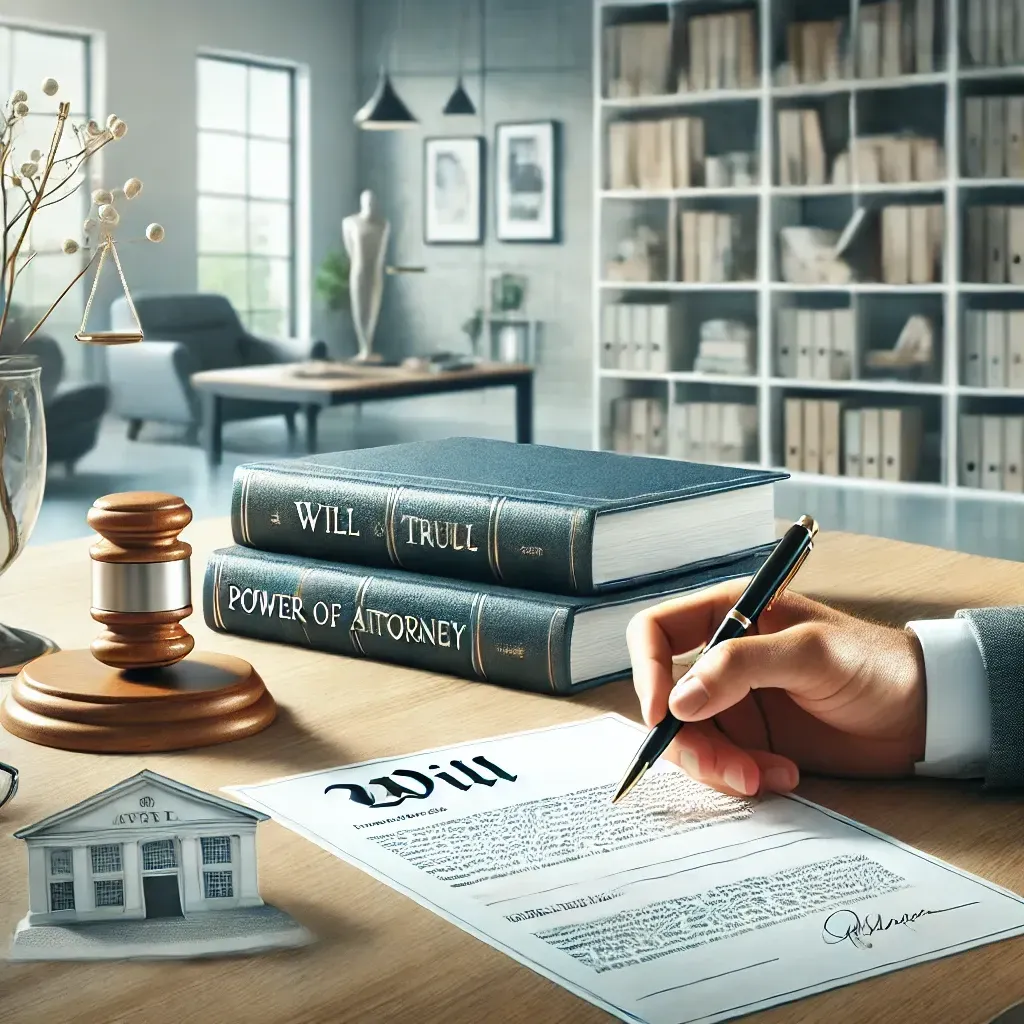 A serene and professional scene of estate planning. The image features a desk with neatly arranged legal documents, including a will, trust papers, and a power of attorney form. A lawyer's hand is holding a pen, symbolizing guidance and expertise. The modern office setting in the background includes bookshelves and a calm ambiance, with bright and inviting lighting suggesting trust and professionalism.