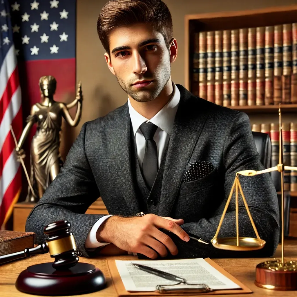 A serious-looking attorney in a professional office setting, sitting at a desk with legal documents, a gavel, and a scale of justice. The background features law books and an American flag. The attorney is dressed in a dark suit, appearing confident and focused, symbolizing strong legal defense. The setting is well-lit with a warm, professional atmosphere.