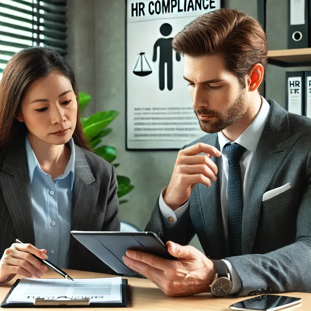 A professional business setting featuring a small business owner consulting with an HR expert. The consultant is reviewing HR compliance documents on a tablet while the business owner looks concerned. The background includes an office environment with legal and compliance-related posters on the wall, emphasizing the importance of HR compliance in preventing business risks.