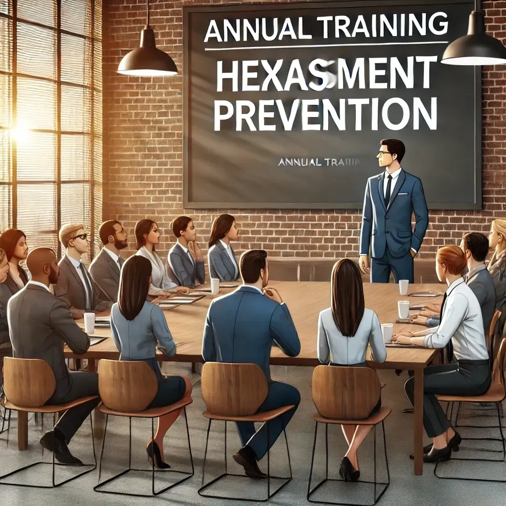 Corporate manager leading annual sexual harassment prevention training in a diverse office setting, with employees engaged and presentation screen displaying compliance-focused content.