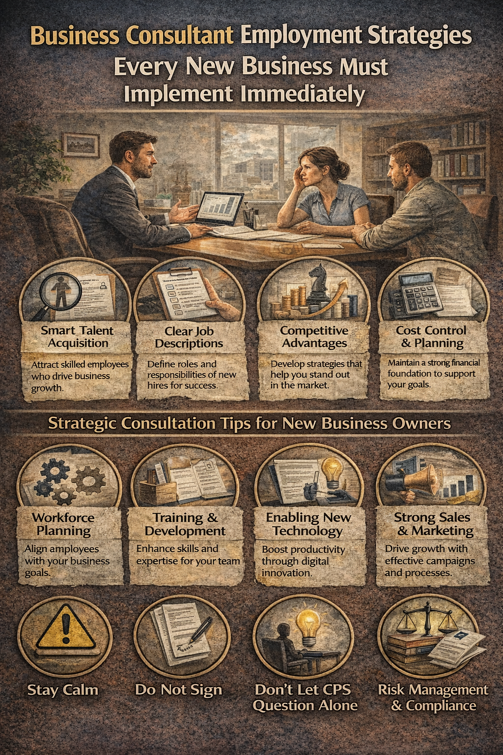 Infographic showing a business consultant meeting with new business owners in an office setting, surrounded by labeled strategy icons such as hiring talent, workforce planning, training, technology integration, marketing, cost control, and risk management. The image highlights key employment strategies and consulting tips for building a successful business.