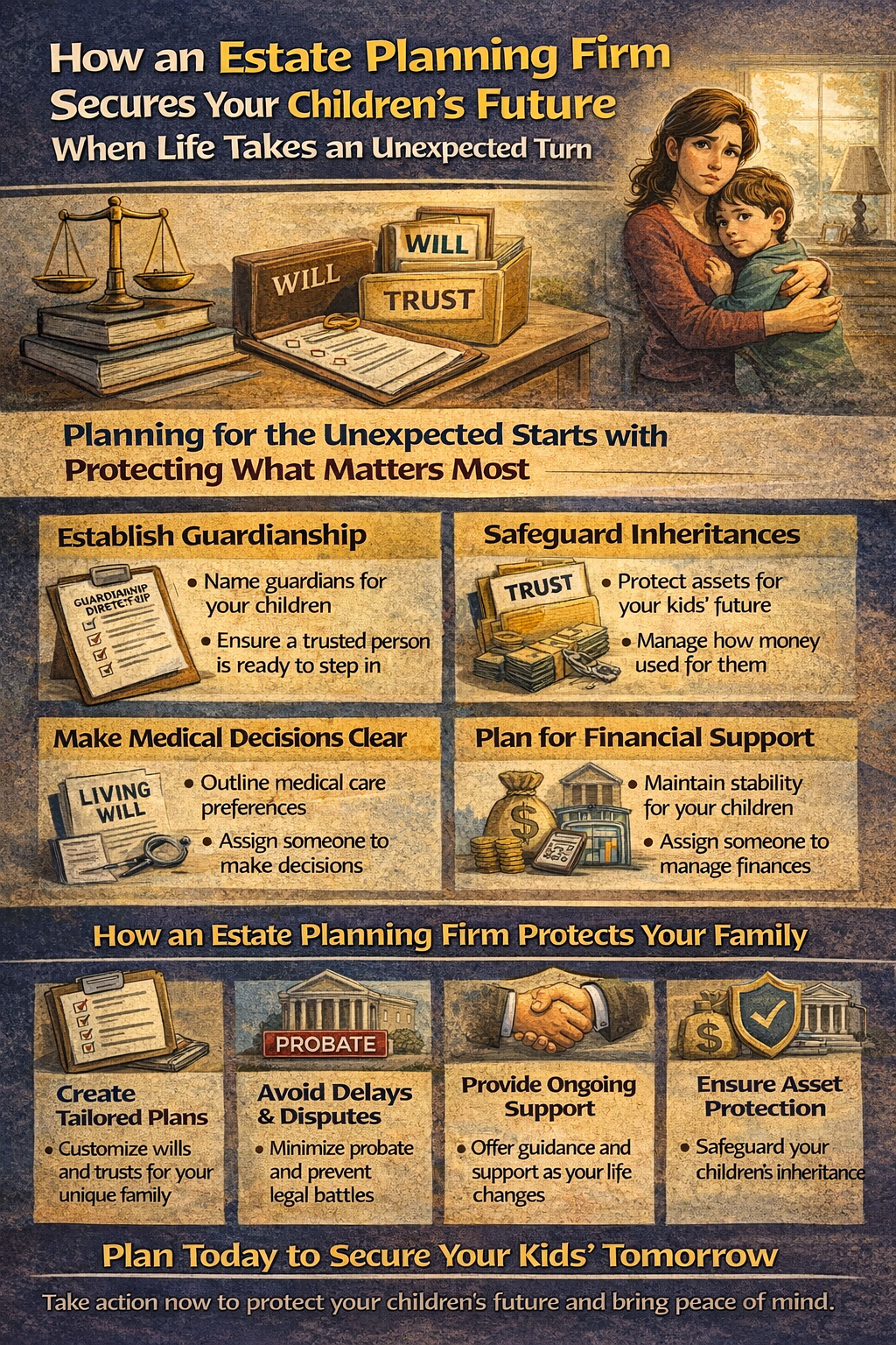 How an Estate Planning Firm Secures Your Children’s Future When Life Takes an Unexpected Turn.” It shows a parent holding a child alongside legal symbols like scales of justice, and documents labeled “Will” and “Trust.”
The graphic highlights key estate planning steps: establishing guardianship, safeguarding inheritances through trusts, making medical decisions clear with living wills, and planning financial support for children. Additional sections explain how estate planning firms help by creating tailored plans, avoiding probate delays and disputes, providing ongoing support, and ensuring asset protection.
The infographic concludes with a message encouraging families to plan today to secure their children’s future and gain peace of mind.