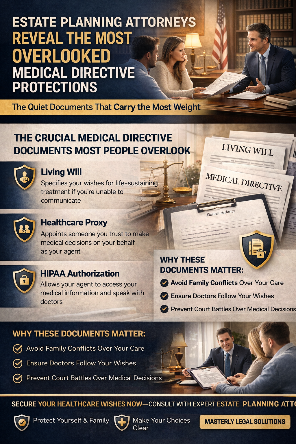 An informative illustration showing an estate planning attorney advising a client on medical directives, highlighting living wills, healthcare proxies, and the importance of protecting medical decisions and family wishes through proper legal planning.