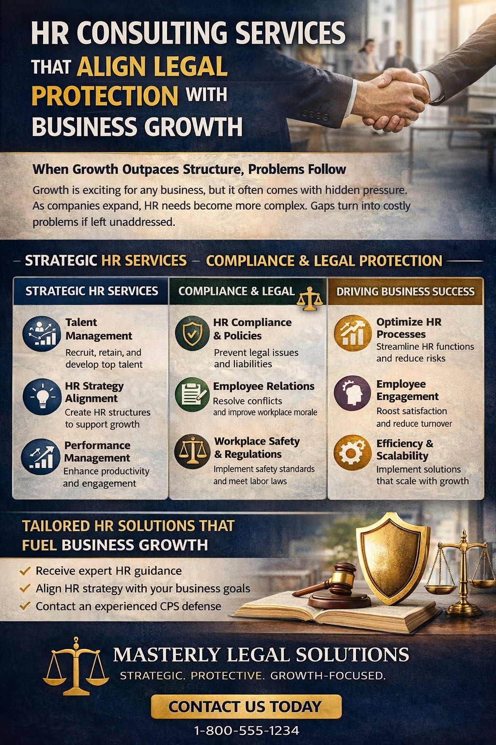 HR Consulting Services That Align Legal Protection With Business Growth” featuring a handshake between professionals to symbolize partnership. The design outlines key areas including strategic HR services, compliance and legal protection, and business growth solutions such as talent management, employee relations, HR compliance, and operational efficiency. It emphasizes how tailored HR solutions support scalability, reduce risk, and drive long-term success, with a call to contact Masterly Legal Solutions for expert guidance.