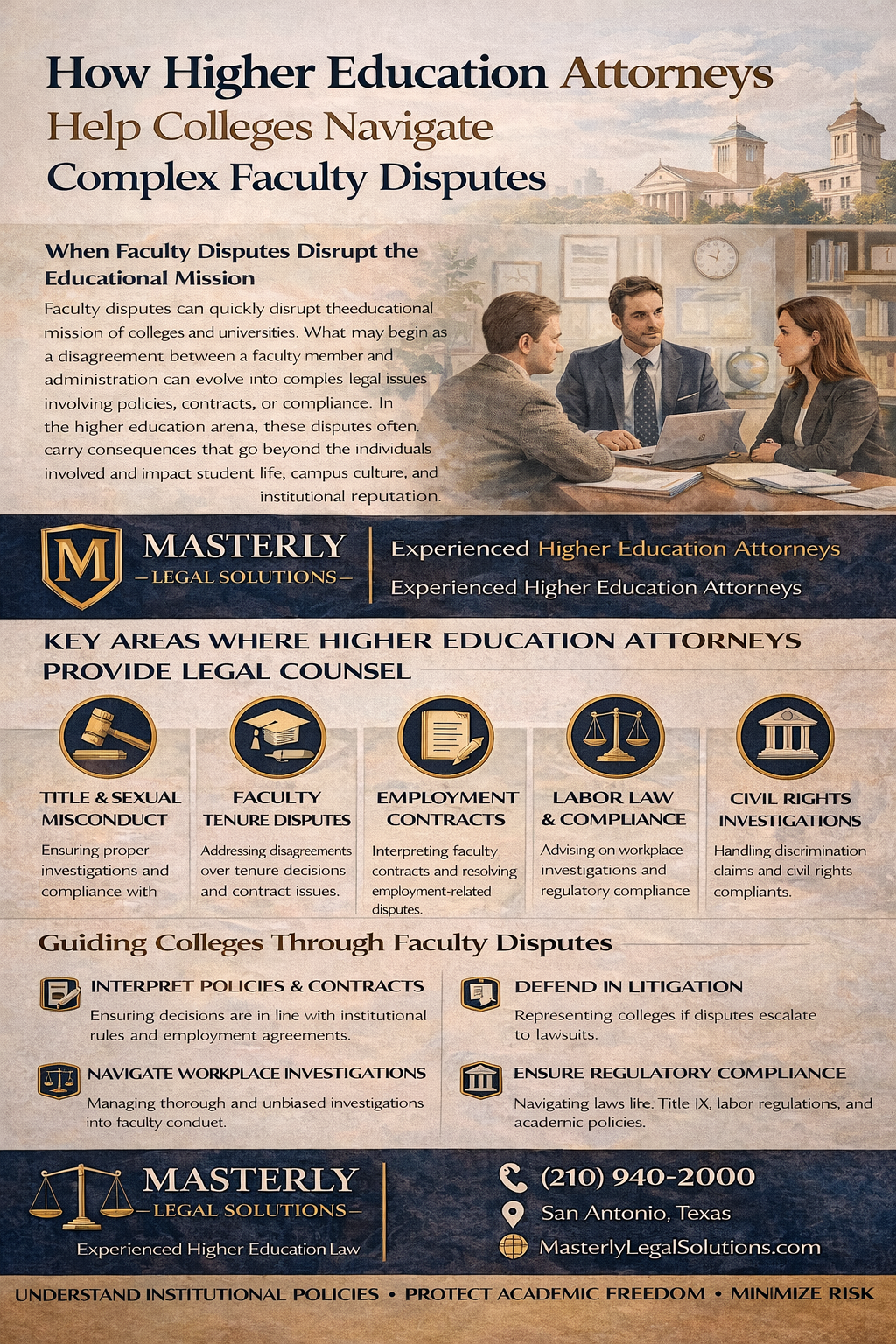 How Higher Education Attorneys Help Colleges Navigate Complex Faculty Disputes,” highlighting key legal areas such as Title IX, tenure disputes, employment contracts, labor law compliance, and civil rights investigations, with guidance from Masterly Legal Solutions.