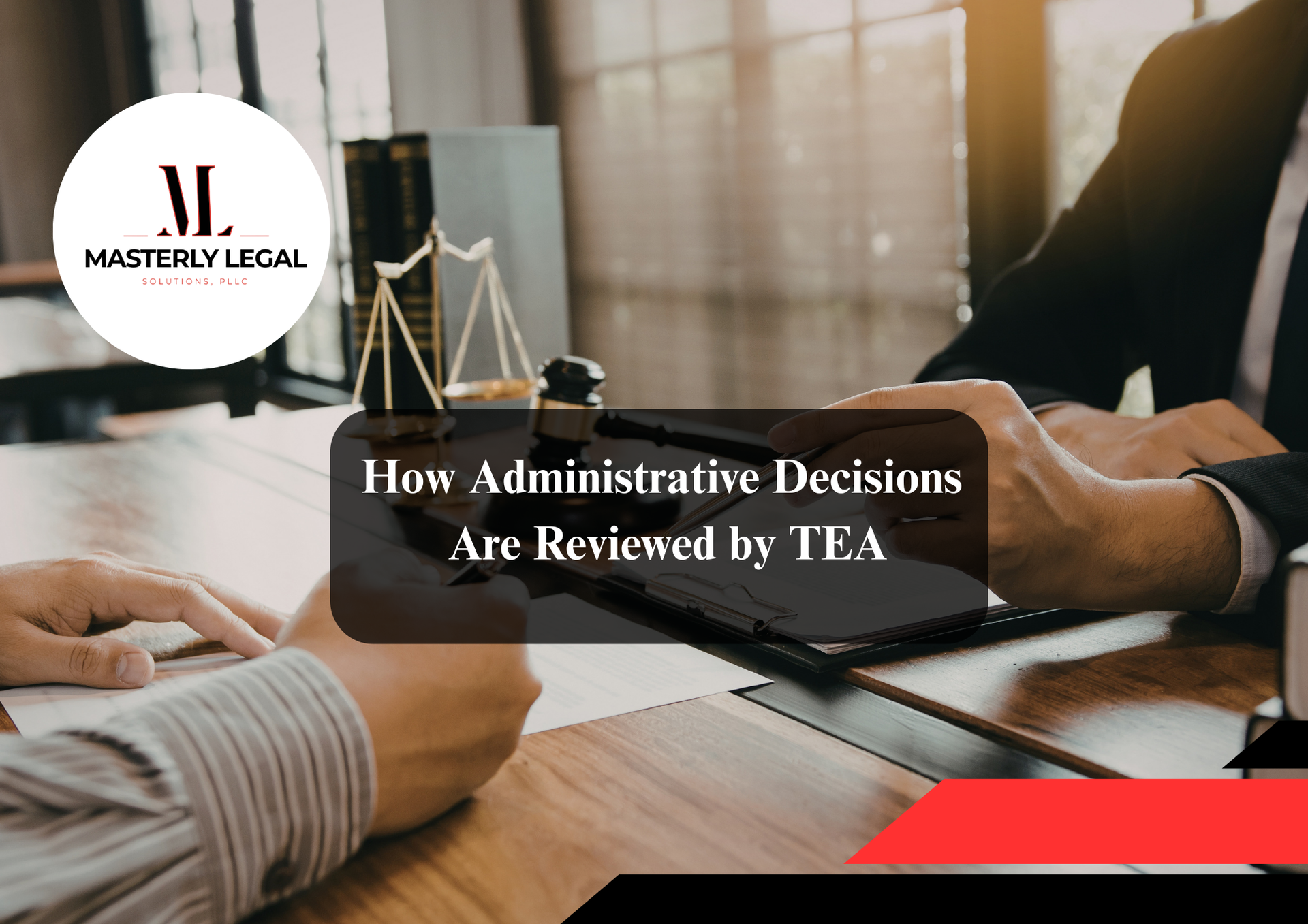 Education lawyers in Texas reviewing school law documents with client.