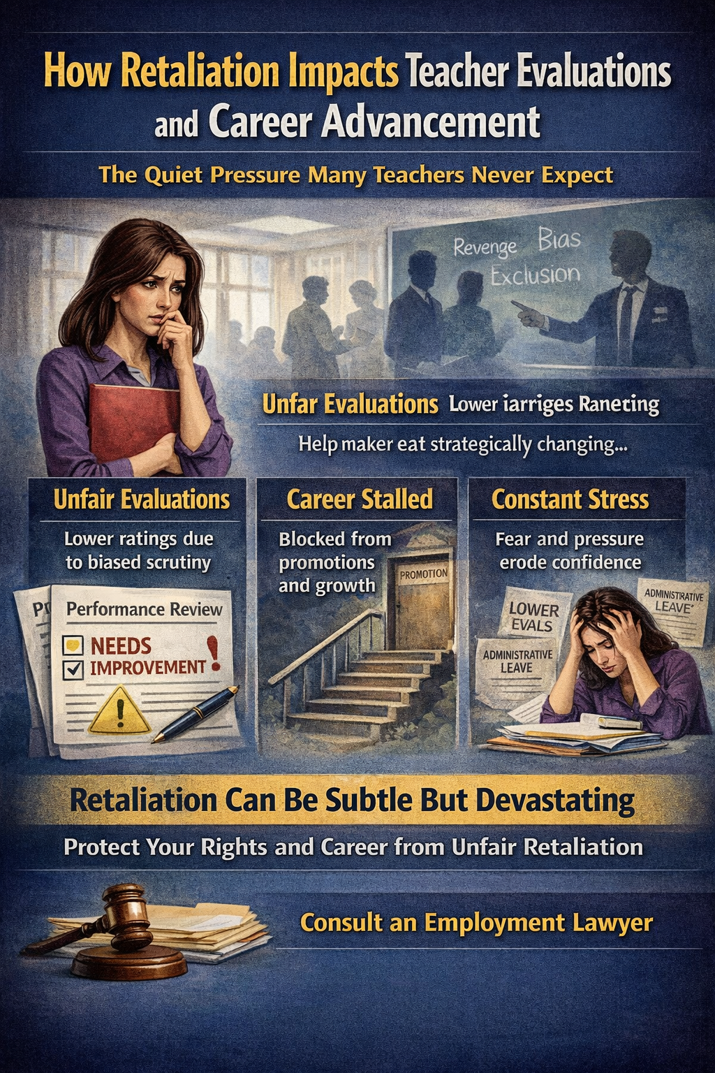 How Retaliation Impacts Teacher Evaluations and Career Advancement” showing a concerned teacher holding books while workplace figures and a board behind her reference bias, exclusion, and revenge. The graphic highlights how retaliation can lead to unfair evaluations, stalled career growth, and constant stress, with visuals of a poor performance review, blocked promotion stairs, and an overwhelmed teacher, ending with a message to protect your rights and consult an employment lawyer.
