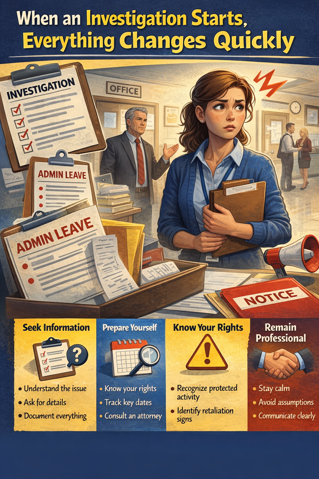 When an Investigation Starts, Everything Changes Quickly.” It shows a concerned teacher holding folders in a school office setting while administrators talk in the background. Surrounding visuals include clipboards labeled “Investigation” and “Admin Leave,” a box of documents, and a “Notice” paper, symbolizing workplace review and possible disciplinary action.
At the bottom, four sections provide guidance: “Seek Information” (understand the issue, ask for details, document everything), “Prepare Yourself” (know your rights, track key dates, consult an attorney), “Know Your Rights” (recognize protected activity and identify retaliation signs), and “Remain Professional” (stay calm, avoid assumptions, communicate clearly).