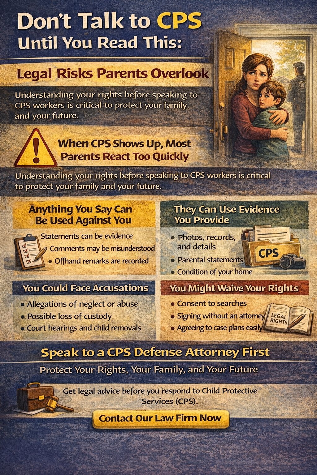 Don’t Talk to CPS Until You Read This: Legal Risks Parents Overlook.” It shows a worried parent holding a child at the doorway while a CPS worker stands outside. The graphic warns that parents often react too quickly when CPS arrives and emphasizes understanding legal rights before speaking.
Sections outline key risks, including “Anything You Say Can Be Used Against You” (statements and comments may become evidence), “They Can Use Evidence You Provide” (photos, records, and home conditions), “You Could Face Accusations” (neglect, abuse, custody loss, court hearings), and “You Might Waive Your Rights” (consenting to searches or signing documents without an attorney).
The infographic ends with a strong message encouraging parents to speak with a CPS defense attorney first to protect their rights, family, and future.