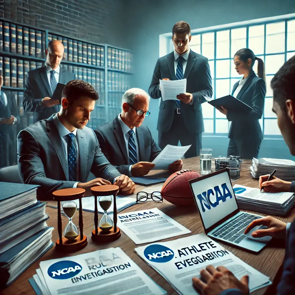 A group of people are sitting around a table with a laptop and a football.