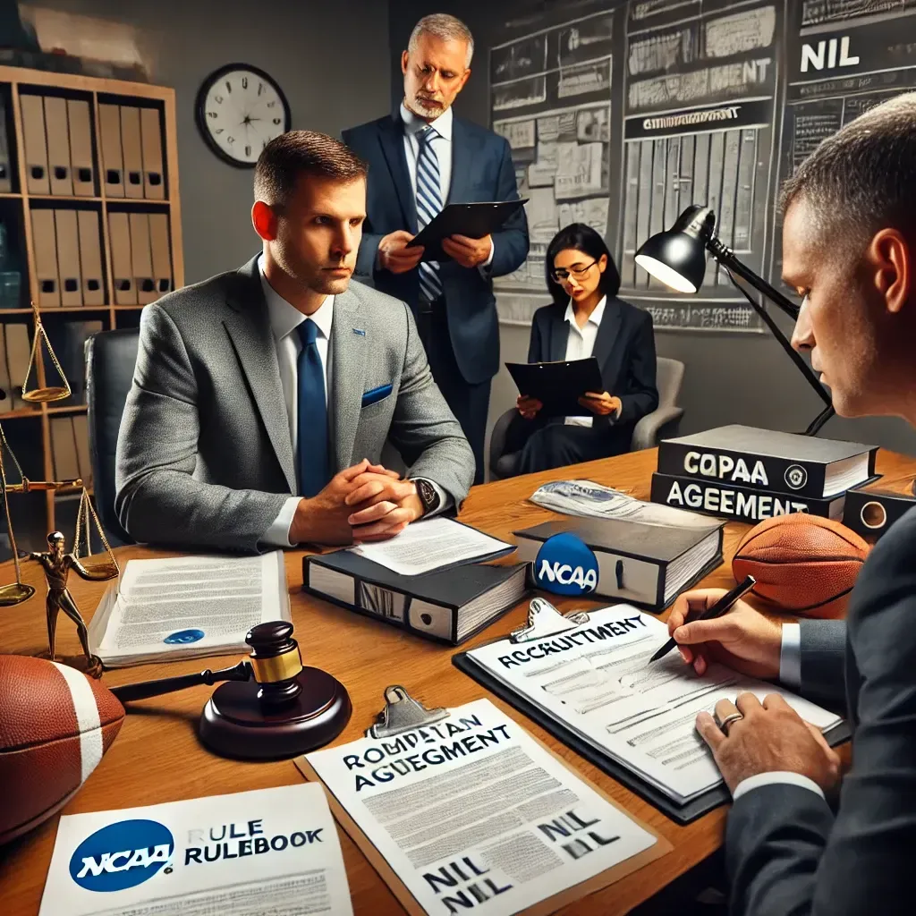 A group of men are sitting around a table with papers on it including one that says ncaa rulebook