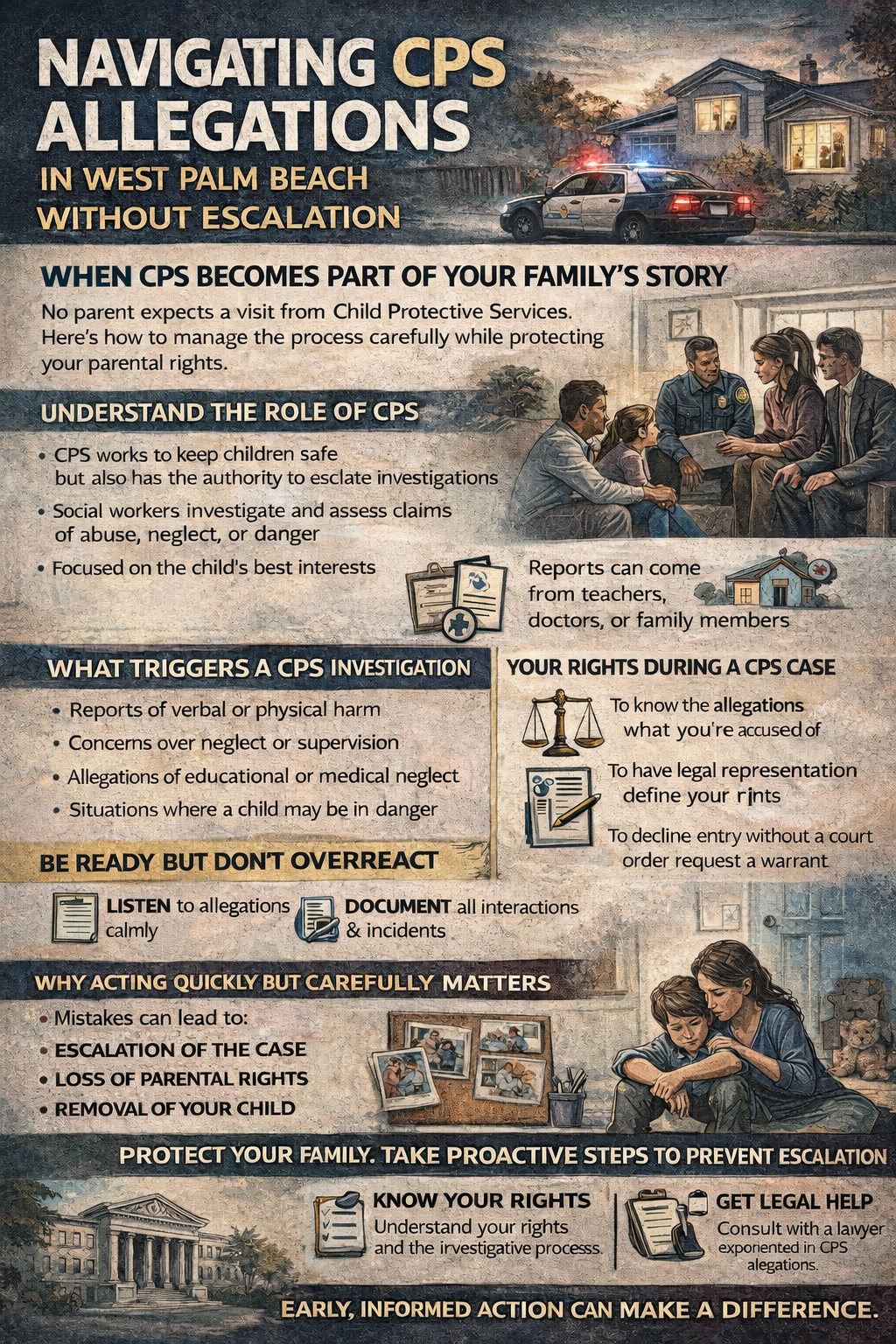 Navigating CPS Allegations in West Palm Beach Without Escalation.” It shows a residential home with a police car outside and a family speaking with a social worker. The graphic explains how Child Protective Services (CPS) investigations begin and outlines common triggers such as reports of abuse, neglect, or unsafe conditions. Sections describe CPS’s role, parents’ rights during an investigation, and the importance of staying calm, documenting interactions, and responding carefully. It highlights risks like escalation of the case, loss of parental rights, or child removal if mistakes are made. The infographic concludes with guidance to know your rights, seek legal help, and take proactive steps to protect your family while avoiding escalation.