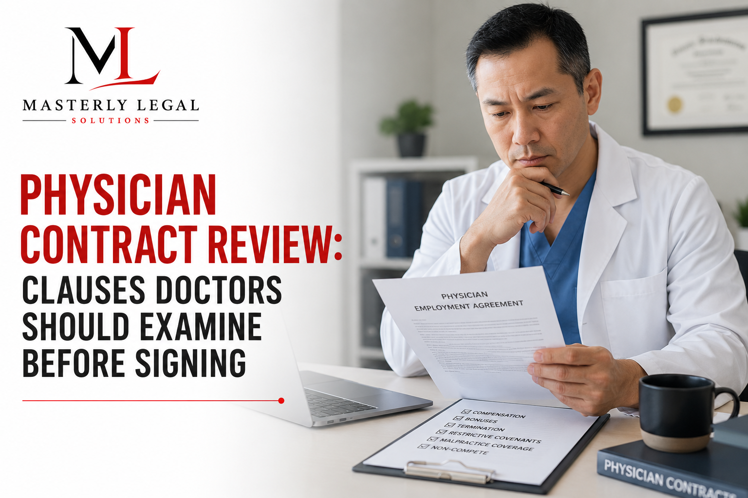 Physician contract review attorney explaining employment agreement terms to a doctor