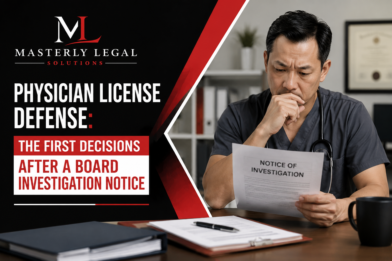 Physician license defense attorney reviewing a medical board notice