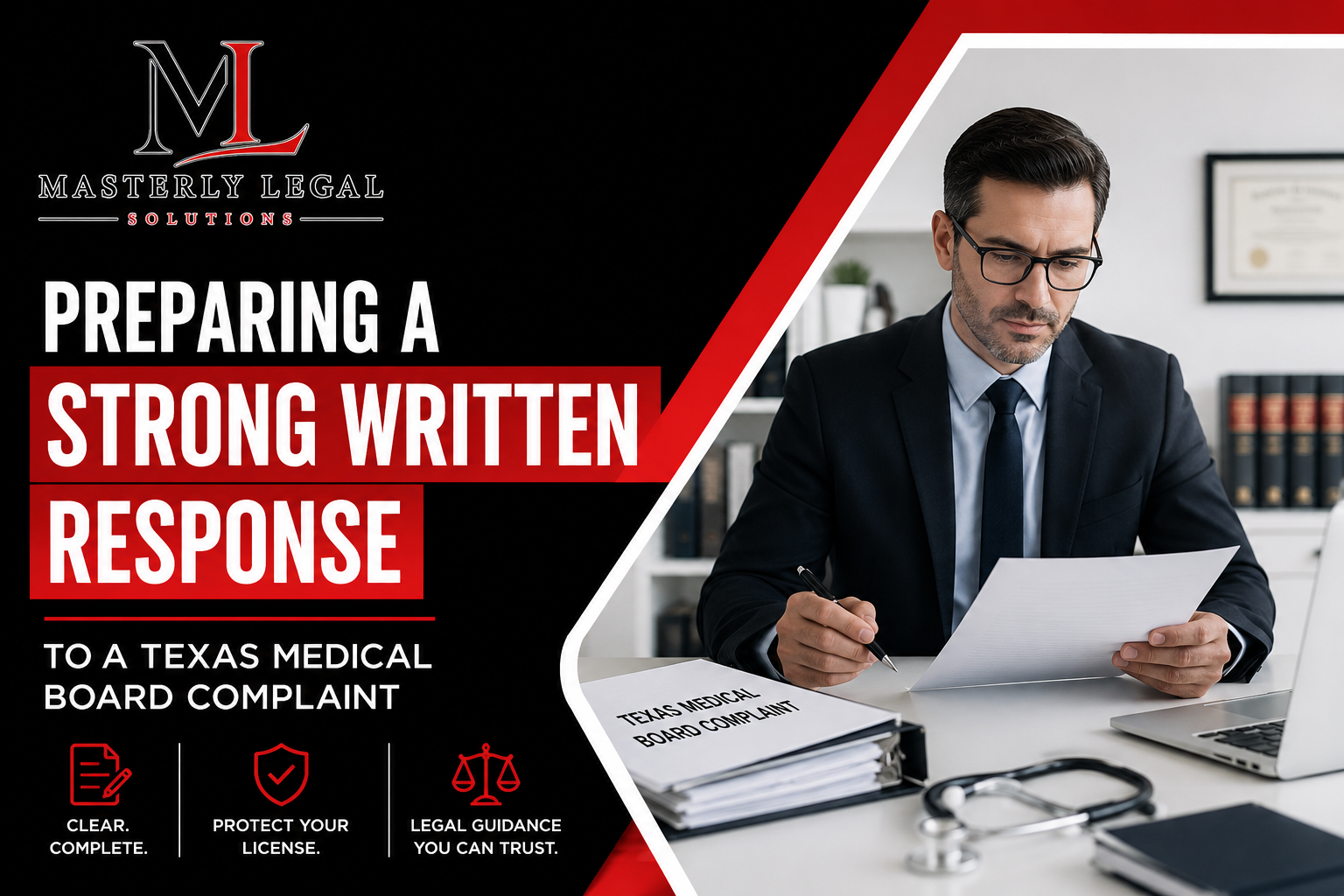 Attorney reviewing a Texas Medical Board complaint notice with a physician