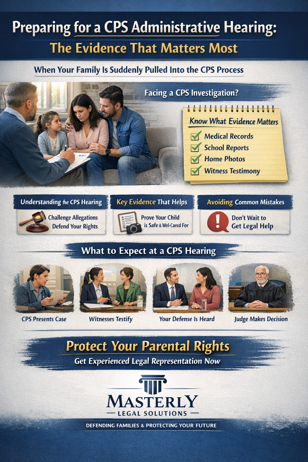 Informational graphic by Masterly Legal Solutions explaining how to prepare for a CPS administrative hearing, highlighting key evidence such as medical records, school reports, home conditions, and witness testimony, along with steps in the hearing process and tips to protect parental rights.