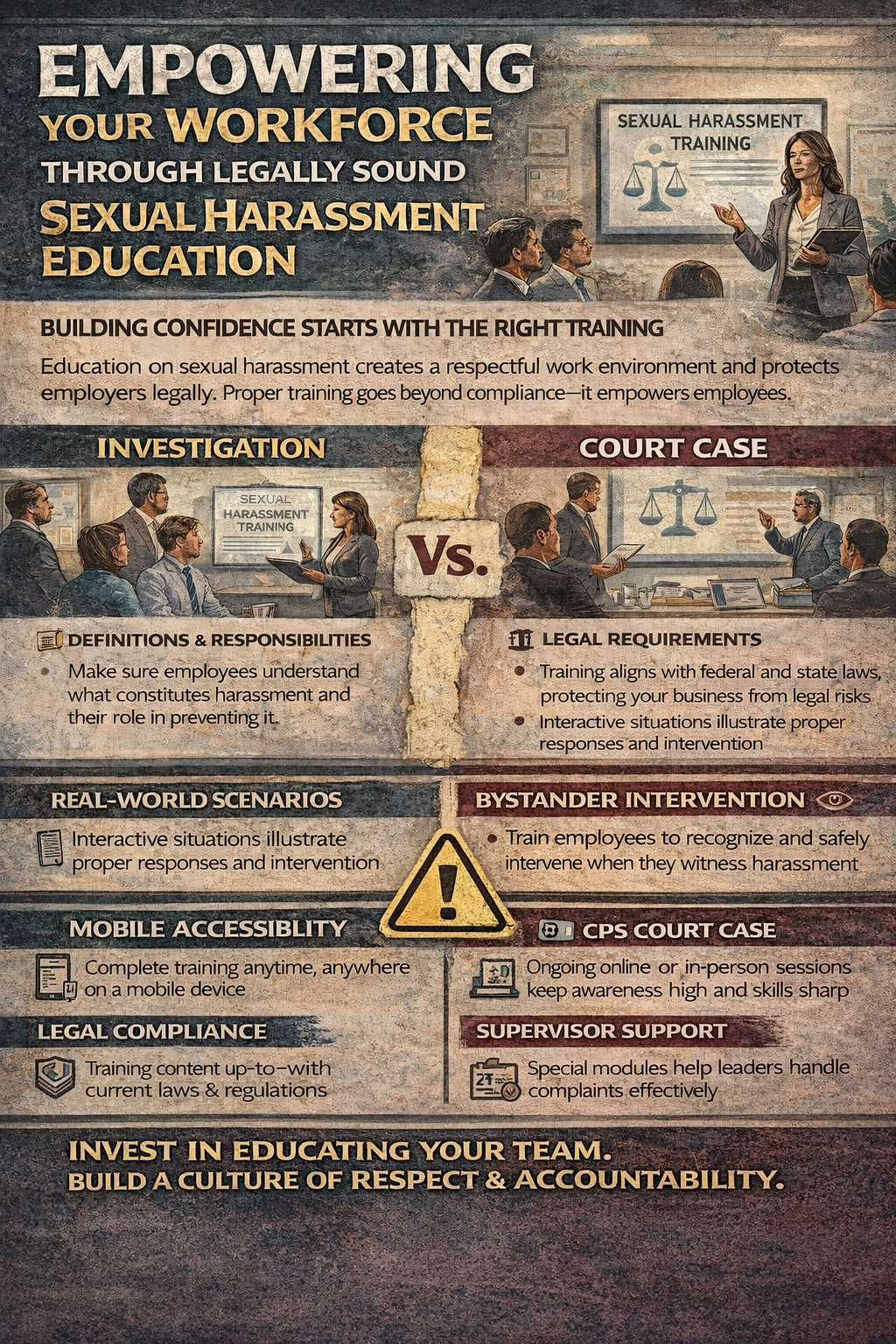 Empowering Your Workforce Through Legally Sound Sexual Harassment Education.” It shows a workplace training setting with a presenter leading a session on sexual harassment training. The graphic outlines key elements of effective training, including defining harassment and employee responsibilities, understanding legal requirements, and using real-world scenarios. Additional sections highlight bystander intervention, mobile accessibility for training, legal compliance, and supervisor support. The infographic emphasizes that proactive education helps create a respectful, safe, and legally compliant workplace while building employee confidence and accountability.