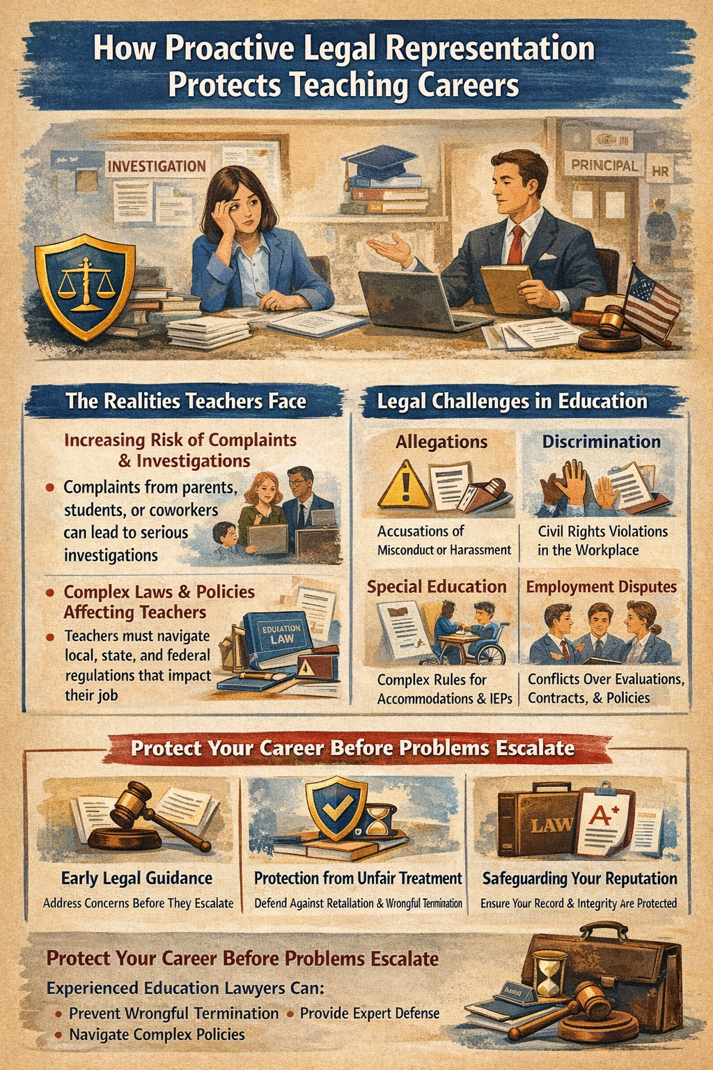 How Proactive Legal Representation Protects Teaching Careers,” showing a teacher sitting at a desk looking concerned while speaking with a lawyer in an office setting, with symbols of justice and school administration in the background. The graphic is divided into sections outlining the realities teachers face, common legal challenges such as allegations, discrimination, special education issues, and employment disputes, as well as the benefits of early legal guidance. Visual elements emphasize career protection, legal support, and safeguarding professional reputation through proactive legal representation.