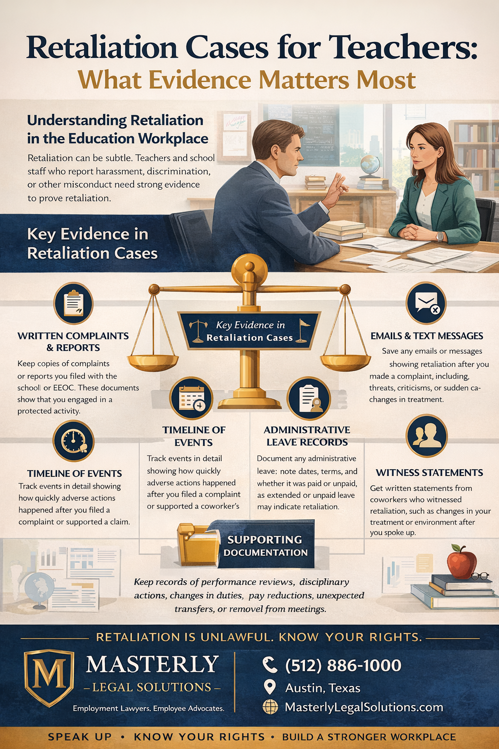 Retaliation Cases for Teachers: What Evidence Matters Most,” showing key evidence like written complaints, emails, timelines, administrative leave records, and witness statements, with legal guidance from Masterly Legal Solutions.