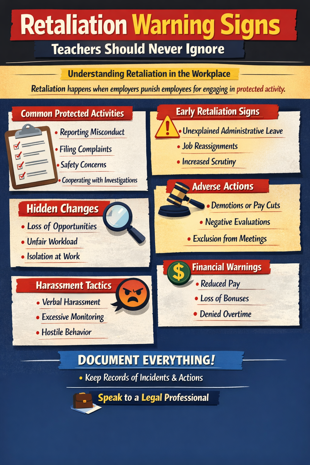 Retaliation Warning Signs Teachers Should Never Ignore.” It explains that retaliation occurs when employers punish employees for engaging in protected activity. Sections highlight common protected activities such as reporting misconduct and filing complaints, early warning signs like unexplained administrative leave, job reassignment, and increased scrutiny, and hidden workplace changes including loss of opportunities and isolation. Additional sections outline adverse actions (demotions, negative evaluations, exclusion), harassment tactics (verbal harassment, excessive monitoring), and financial warnings (reduced pay, loss of bonuses). The infographic emphasizes documenting everything and encourages speaking with a legal professional.