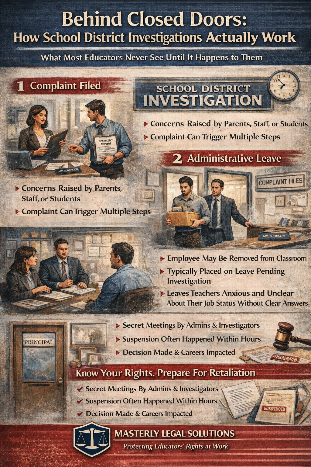 Behind Closed Doors: How School District Investigations Actually Work” with the subtitle “What Most Educators Never See Until It Happens to Them.” The design presents a step-by-step breakdown of a school district investigation.
The first section, “1 Complaint Filed,” shows two school staff members reviewing a complaint report, indicating concerns raised by parents, staff, or students and how a complaint can trigger multiple steps.
The second section, “2 Administrative Leave,” depicts a teacher being escorted out of a classroom holding a box of belongings, symbolizing removal from duties and placement on leave during the investigation. Text highlights that employees may be removed from the classroom, placed on leave pending investigation, and left feeling anxious without clear answers.
Additional panels show administrators and investigators in meetings, emphasizing behind-the-scenes processes such as secret meetings, rapid suspension decisions, and career-impacting outcomes. A door labeled “Principal” reinforces the closed-door nature of the process.
A highlighted message reads, “Know Your Rights. Prepare For Retaliation,” followed by key points about internal meetings, quick suspensions, and decisions affecting careers. The footer includes the Masterly Legal Solutions logo and the tagline “Protecting Educators’ Rights at Work.